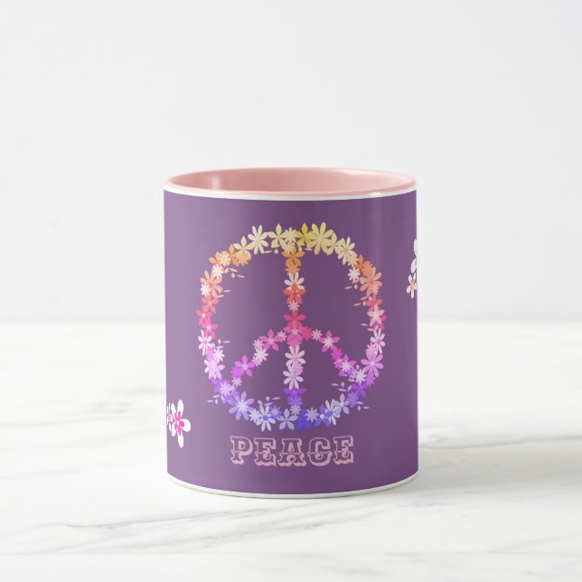 Peace sign with colourful flowers,Personalised tex Mug (Center)