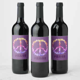 Peace sign with colourful flowers,Personalised tex Wine Label