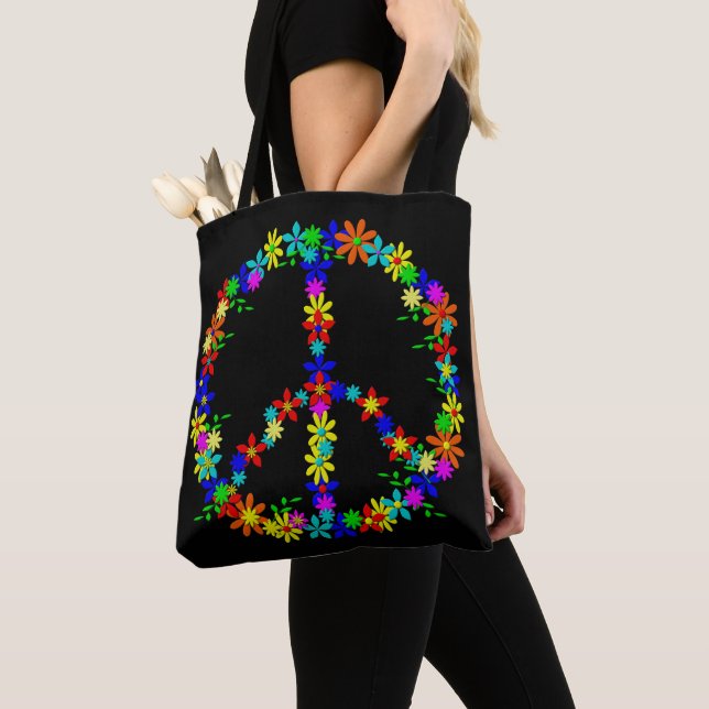 Peace sign with colourful flowers tote bag (Close Up)