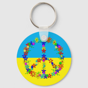 Peace sign with flowers,ukrainian flag button key ring