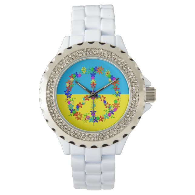 Peace sign with flowers,ukrainian flag  button wat watch (Front)