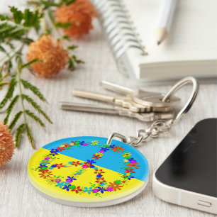 Peace sign with flowers,ukrainian flag  key ring