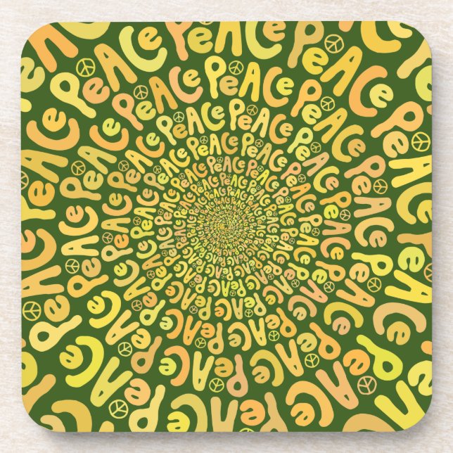Peace sign word spiral yellow orange dark green coaster (Front)
