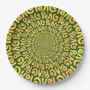 Peace sign word spiral yellow orange dark green paper plate