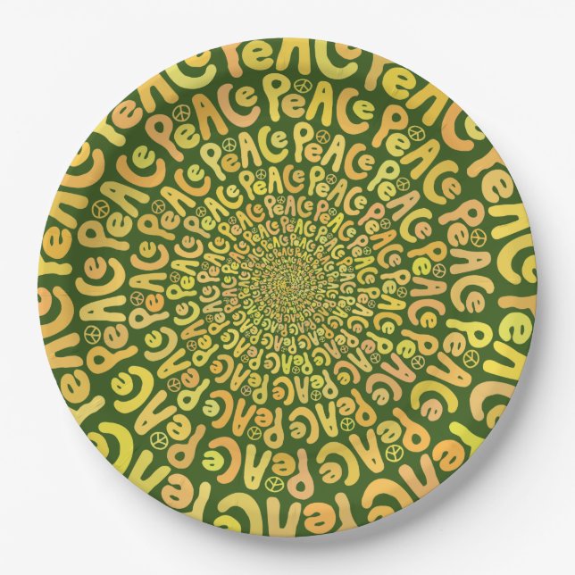 Peace sign word spiral yellow orange dark green paper plate (Front)