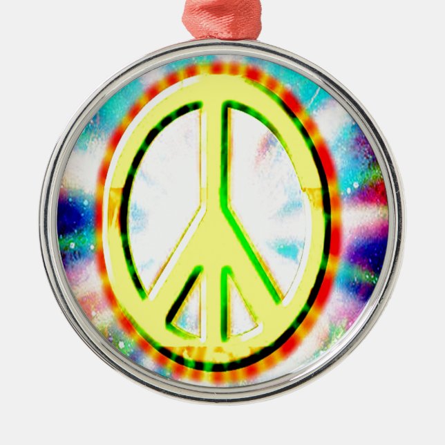 PEACE Sign Yellow Colourful Happy and Fun Metal Tree Decoration (Front)