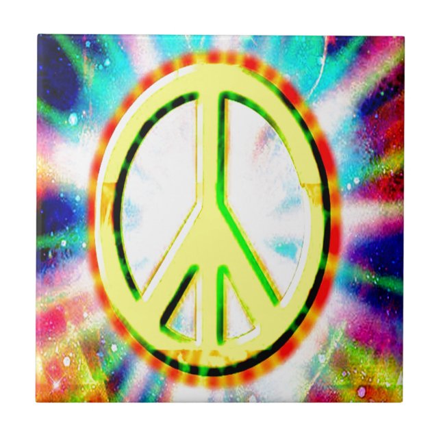 PEACE Sign Yellow Colourful Happy and Fun Tile (Front)