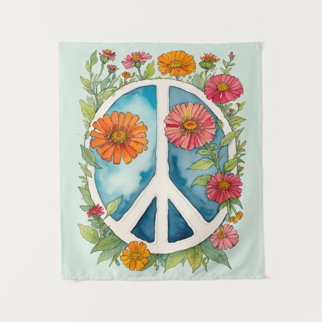 Peace Sign Zinnia Flowers Retro 70s flowers        Tapestry (Front)
