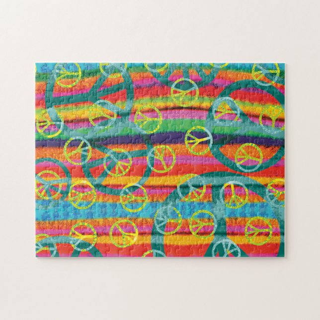 Peace Signs Retro Pink Yellow Turquoise Watercolor Jigsaw Puzzle (Horizontal)