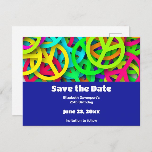 Peace Signs with Groovy Sixties Vibe Save the Date Invitation Postcard (Front/Back)