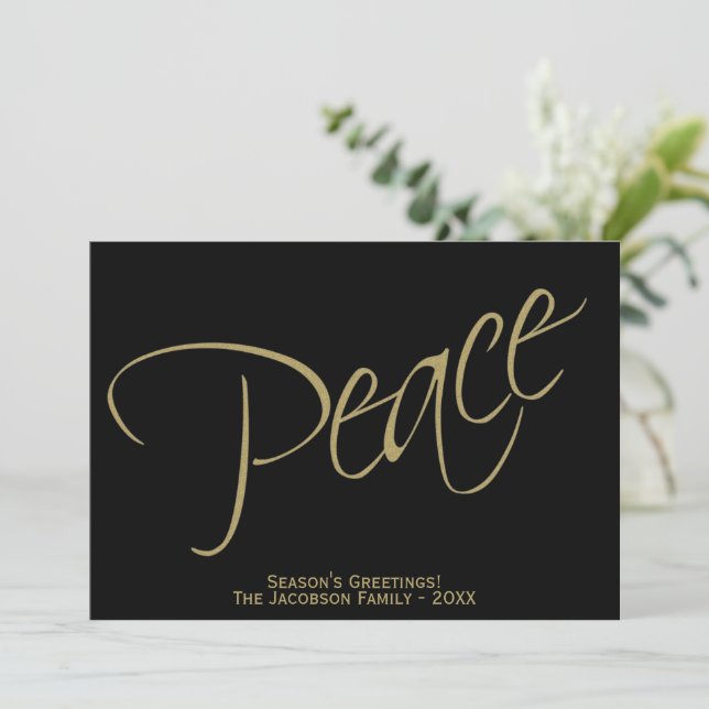 Peace. Simple Elegant Black & Gold Photo Holiday Card (Standing Front)