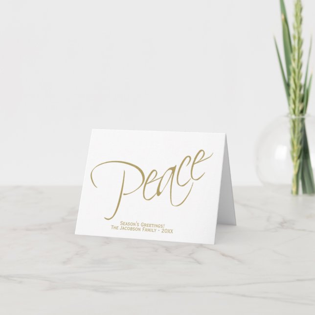 Peace. Simple Elegant Minimal Gold & White Photo Holiday Card (Front)