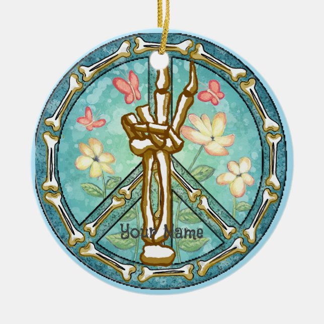 Peace Skeleton Hand  Ceramic Tree Decoration (Front)