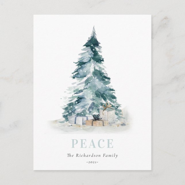 Peace Snow Watercolor Pine Christmas Tree Gift Holiday Postcard (Front)