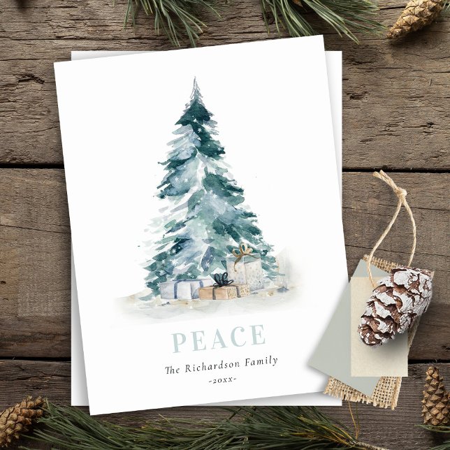 Peace Snow Watercolor Pine Christmas Tree Gifts Holiday Postcard (Creator Uploaded)