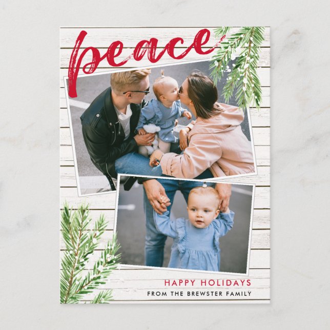 Peace, Snowy Evergreen 2 Photo Holiday Postcard (Front)