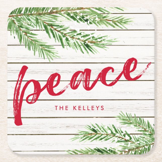 Peace, Snowy Evergreen Personalised Square Paper Coaster (Front)