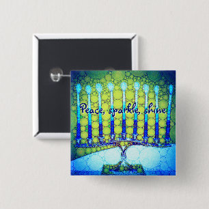 “Peace Sparkle Shine” Blue Hanukkah Menorah Photo 15 Cm Square Badge