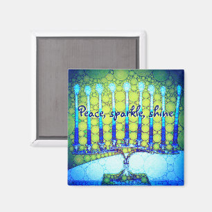 “Peace Sparkle Shine” Blue Hanukkah Menorah Photo Magnet