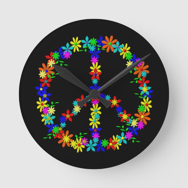 Peace Symbol Flower Power Round Clock (Front)