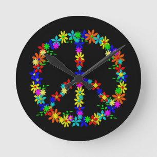 Peace Symbol Flower Power Round Clock
