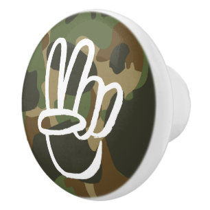 PEACE Symbol Hand V Sign Hippie Green Camouflage Ceramic Knob