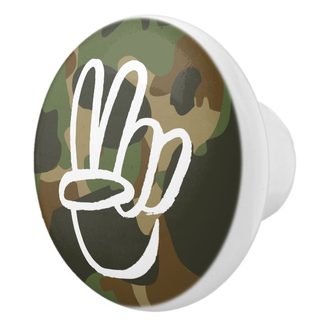 PEACE Symbol Hand V Sign Hippie Green Camouflage Ceramic Knob (Right)