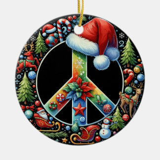 Peace Symbol Hippie Santa Hat Christmas Family Ceramic Tree Decoration