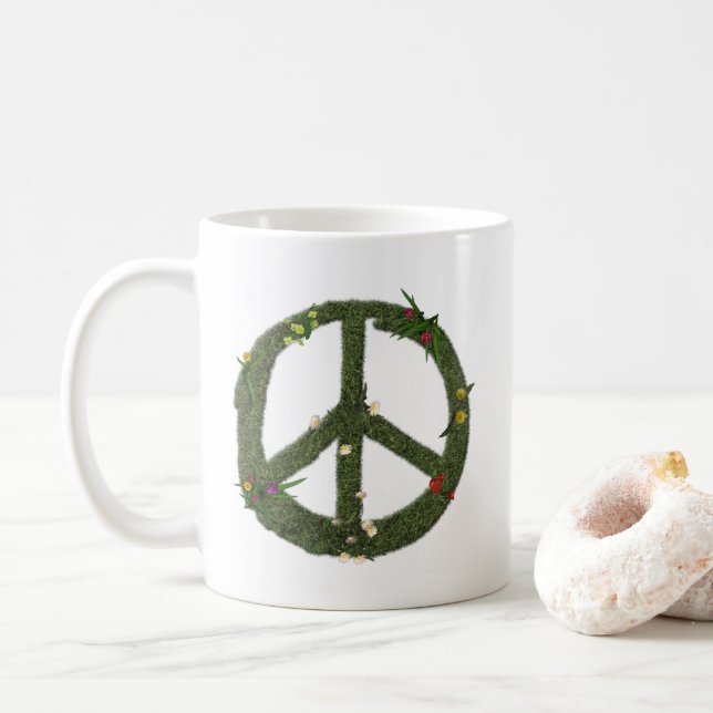 PEACE Symbol of Real Grass Flowers Hippie 60s Sign Coffee Mug (With Donut)