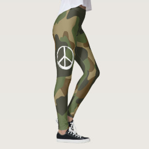 PEACE Symbol Sign Anti-War Hippie Green Camouflage Leggings