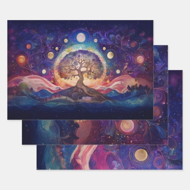 Peace Tree Colourful Twilight, Celestial Theme Wrapping Paper Sheet (Set)