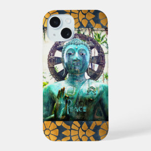 Peace Turquoise Buddha Photo Gold Mosaic Border iPhone 15 Case
