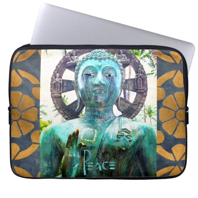 Peace Turquoise Buddha Statue Gold Mosaic Photo Laptop Sleeve (Front)