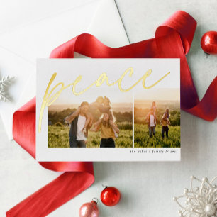 Peace two photo simple elegant family Christmas Foil Holiday Card