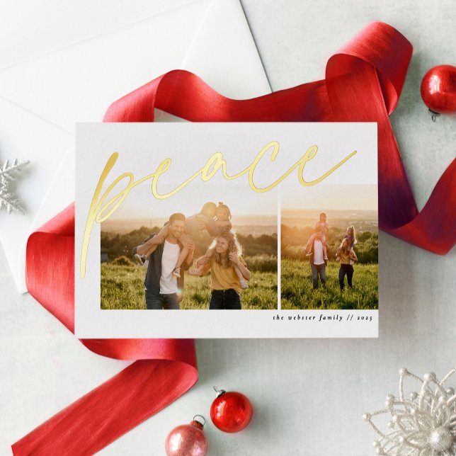 Peace two photo simple elegant family Christmas Foil Holiday Card (Creator Uploaded)