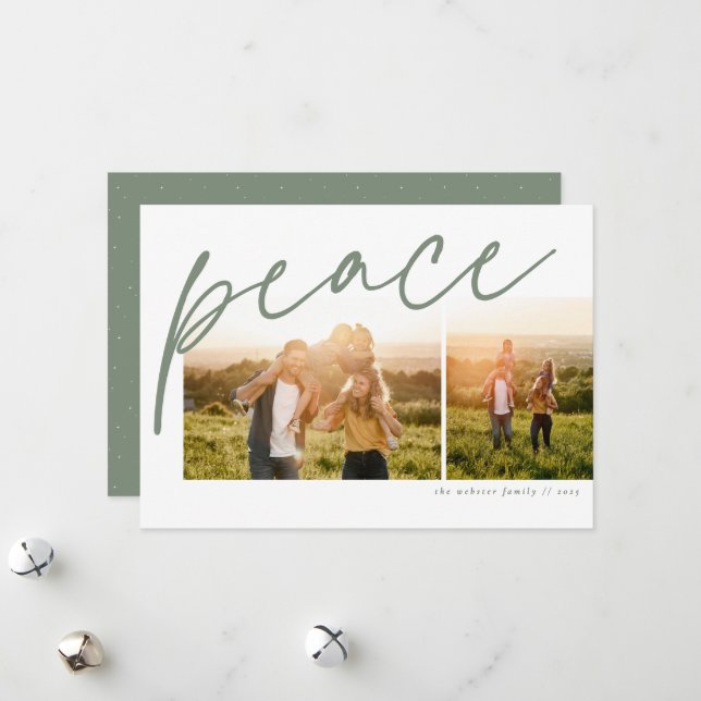 Peace two photo simple green family Christmas Holiday Card (Front/Back In Situ)
