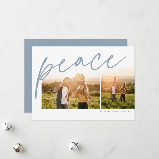 Peace two photo simple light blue family Christmas Holiday Card (Front/Back In Situ)