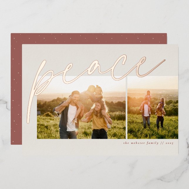 Peace two photo simple rose gold Christmas Foil Holiday Card (Front/Back)