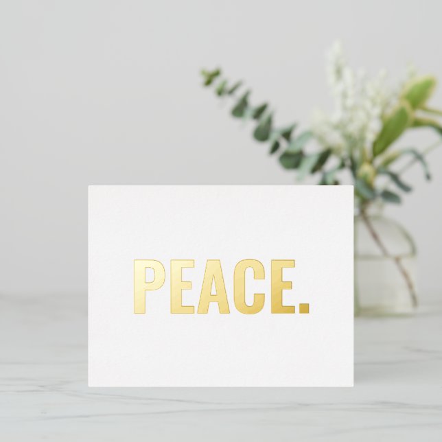 Peace white and gold text minimalist modern foil holiday postcard (Standing Front)