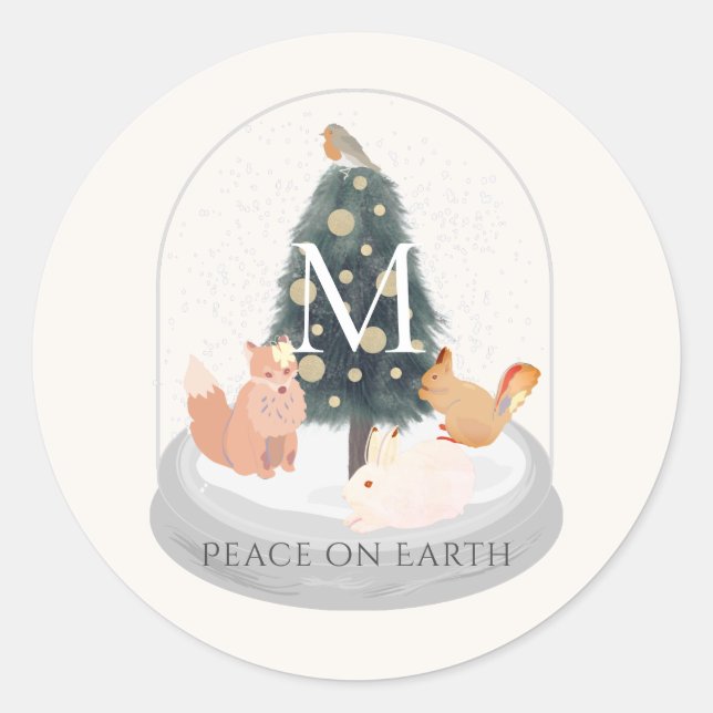 Peace Woodland Animals Snow Globe Monogram White Classic Round Sticker (Front)