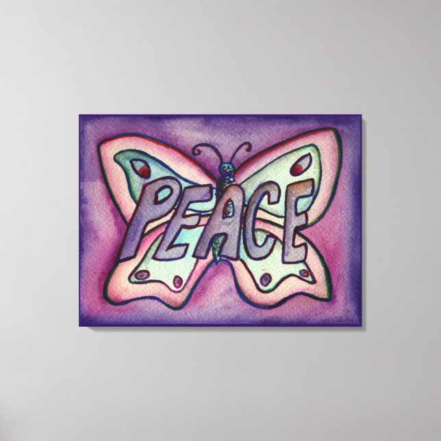 Peace Word Purple Butterfly Canvas Art Painting (Front)