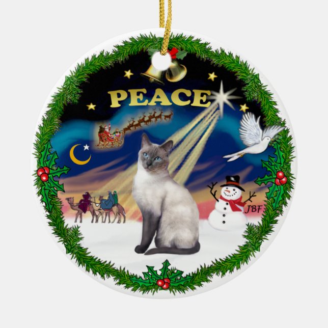 Peace Wreath - Blue Point Siamese Ceramic Tree Decoration (Front)