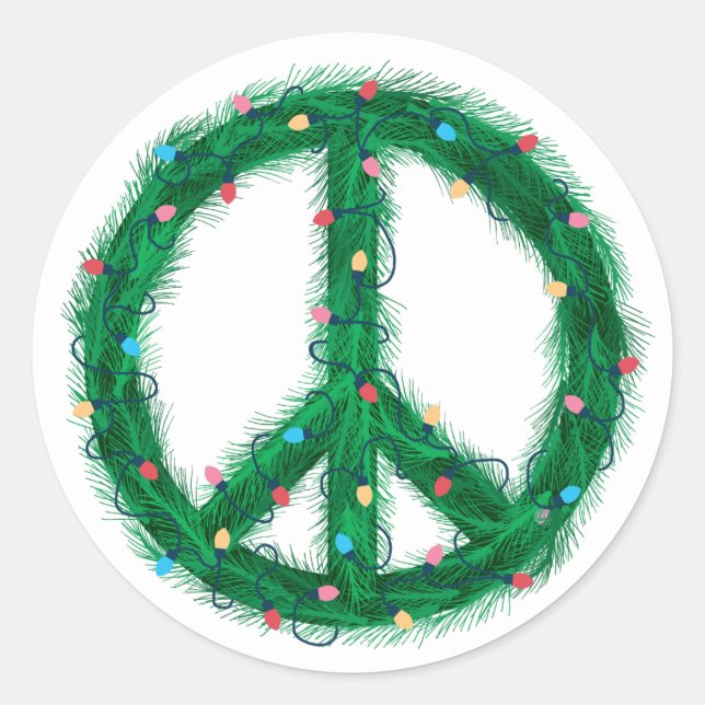 Peace Wreath with Holiday Lights Classic Round Sticker (Front)