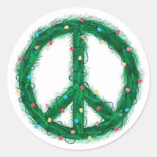 Peace Wreath with Holiday Lights Classic Round Sticker