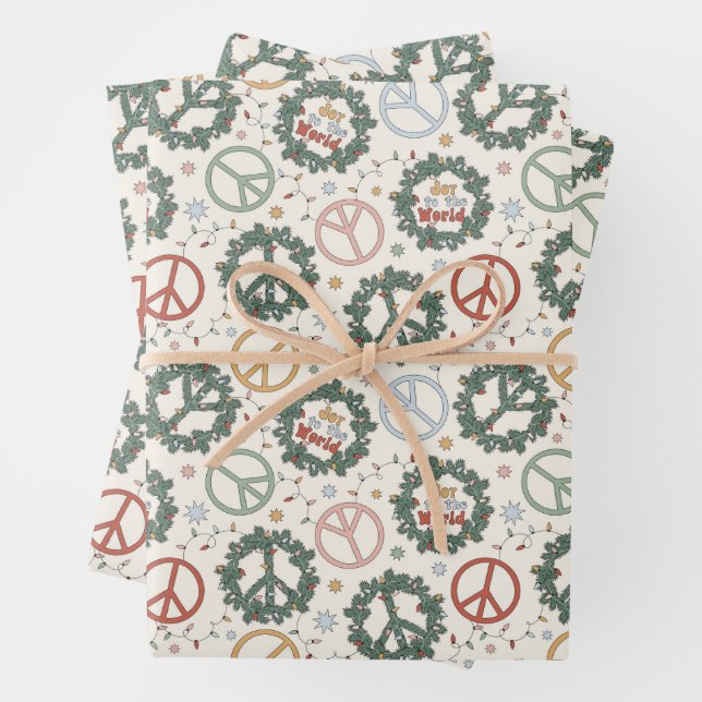 Peace Wreaths and Joy to the World Pattern Wrapping Paper Sheet (In situ)