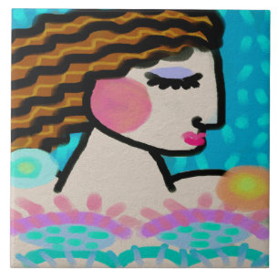 Peaceful Abstract Digital Portrait of a Woman Tile