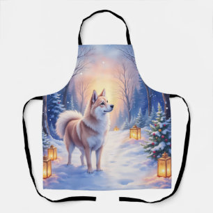 Peaceful Akita on Snow Lantern Path Christmas Dog  Apron