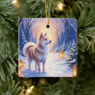 Peaceful Akita on Snow Lantern Path Christmas Dog  Ceramic Ornament