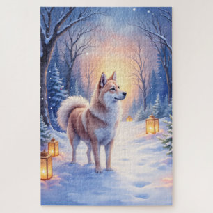 Peaceful Akita on Snow Lantern Path Christmas Dog Jigsaw Puzzle