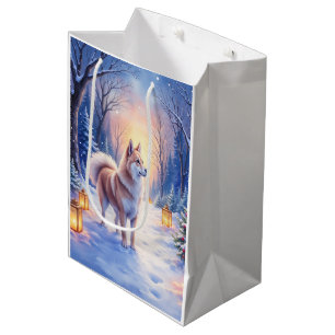 Peaceful Akita on Snow Lantern Path Christmas Dog  Medium Gift Bag